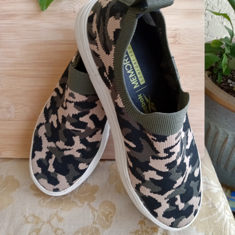 Reebok Slip-On Sneakers in Olive Green, Black, Beige Camo